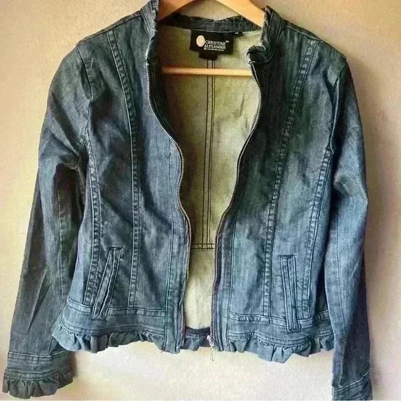 CHRISTINE ALEXANDER Jean Jacket Ruffle Trim Rhinestone Buttons Denim XS - Picture 9 of 12